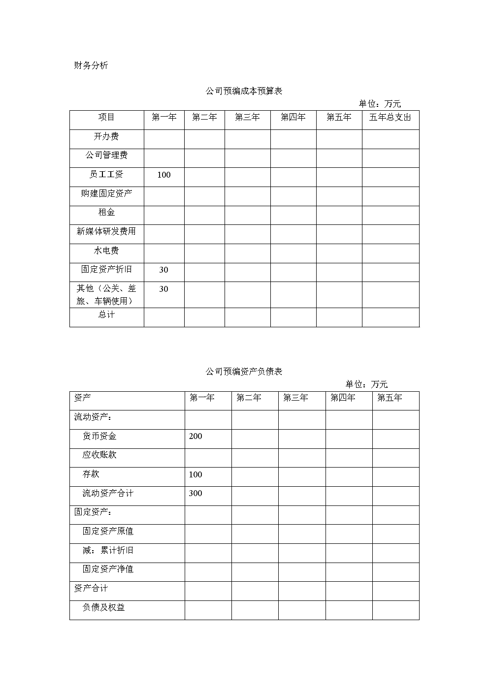 创业项目财务预算模板(创业计划书经费预算模板)